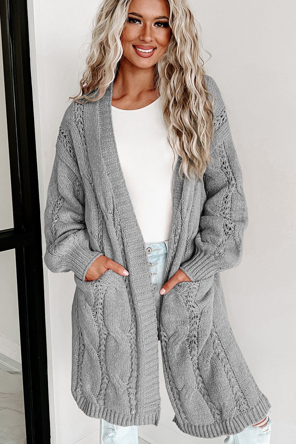 Apricot Ribbed Trim Eyelet Cable Knit Cardigan