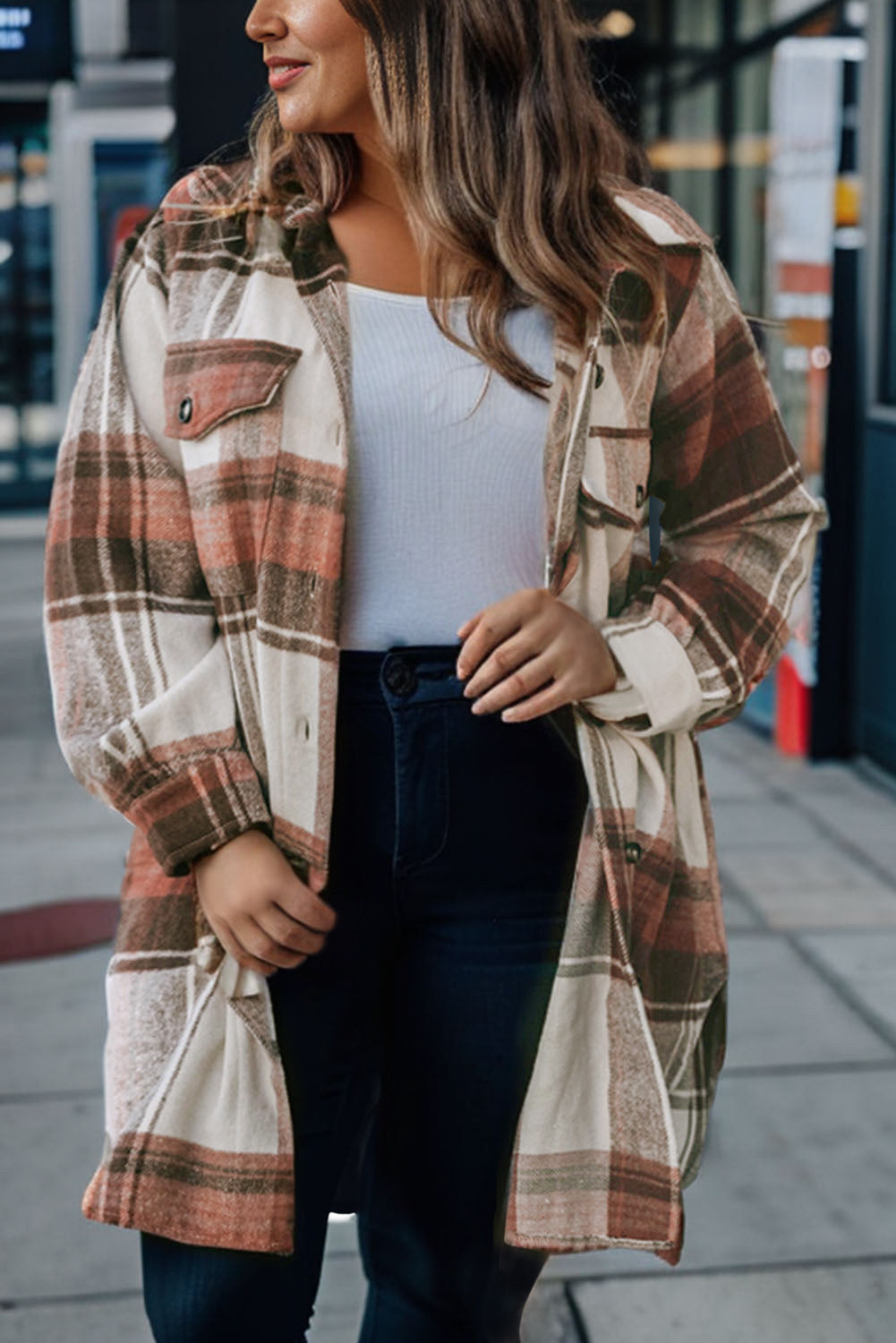 Brown Plus Size Plaid Flap Pockets Shacket