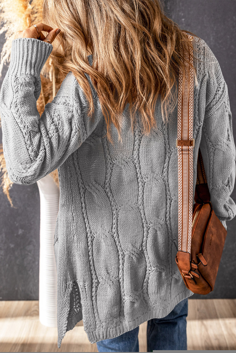 Apricot Ribbed Trim Eyelet Cable Knit Cardigan