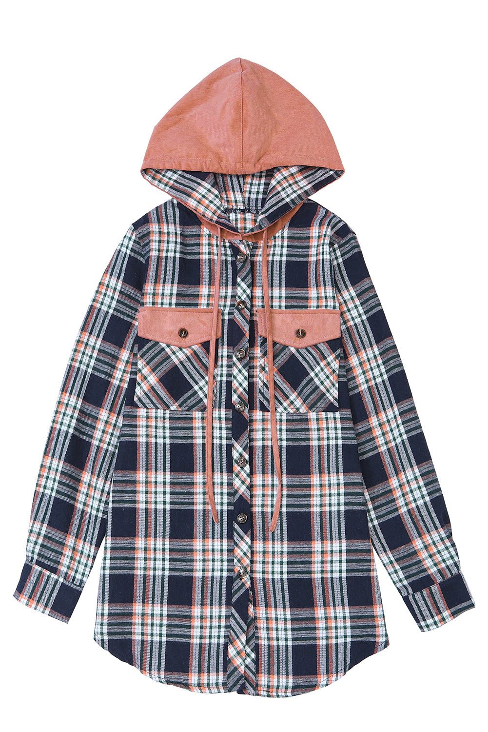 Contrast Hooded Drawstring Plaid Shacket