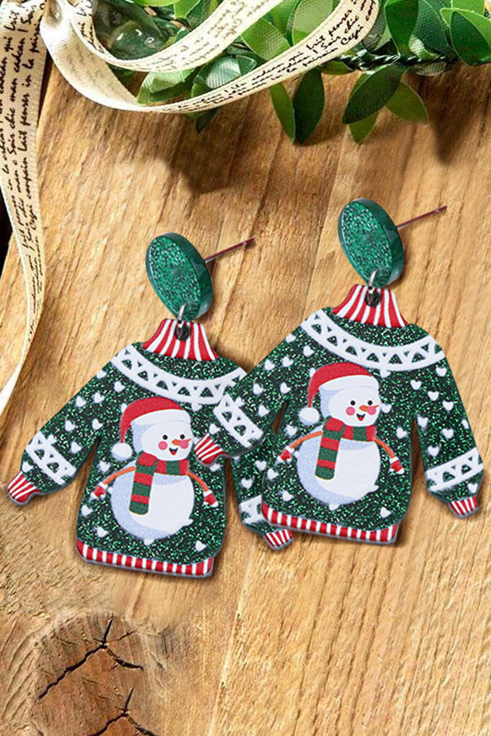 Dark Green Christmas Sparkle Sweater Shape Stud Earrings