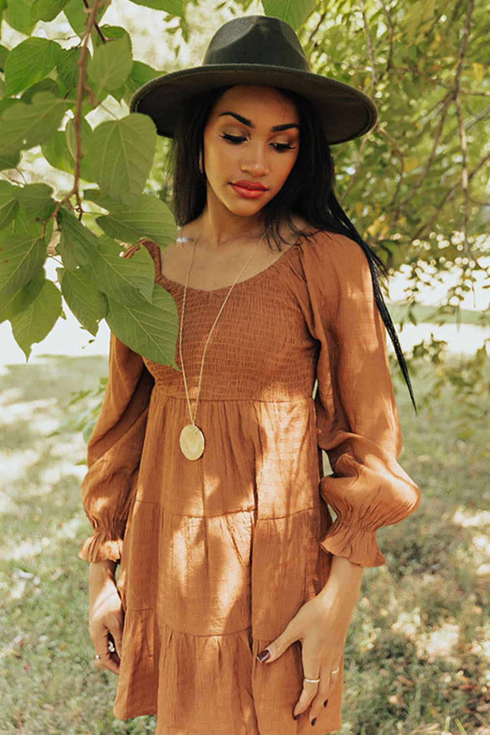 Brown Bishop Sleeve Smocked Tiered Mini Dress