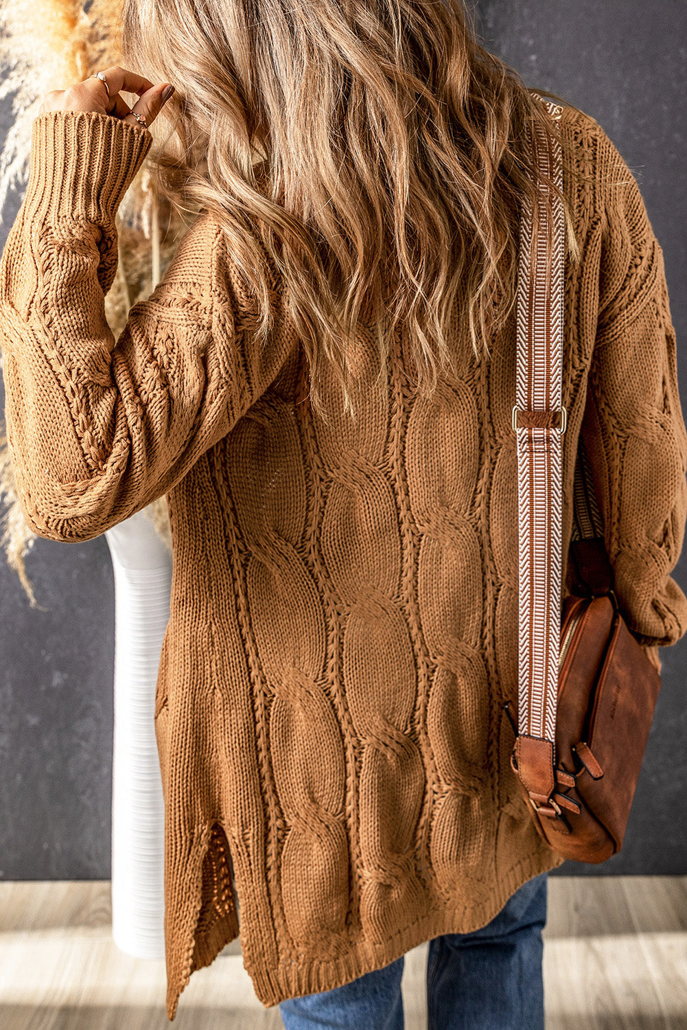 Apricot Ribbed Trim Eyelet Cable Knit Cardigan