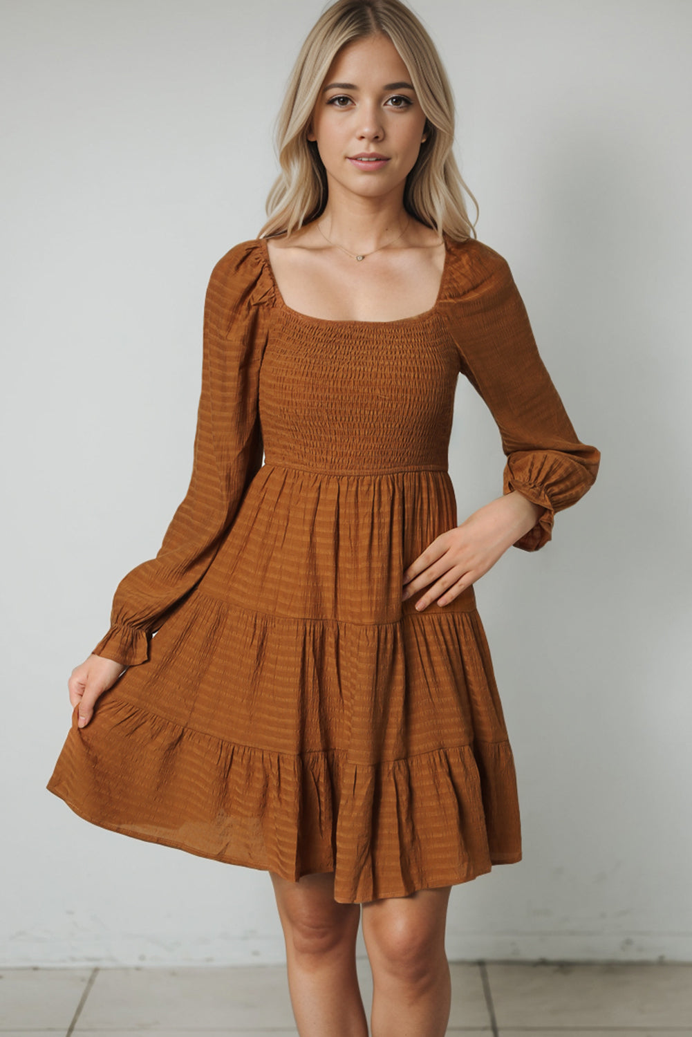 Brown Bishop Sleeve Smocked Tiered Mini Dress