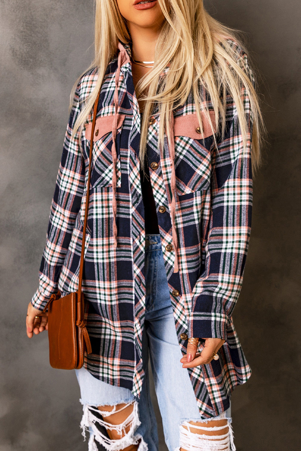 Contrast Hooded Drawstring Plaid Shacket