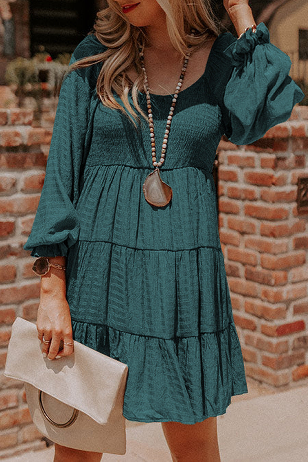 Brown Bishop Sleeve Smocked Tiered Mini Dress