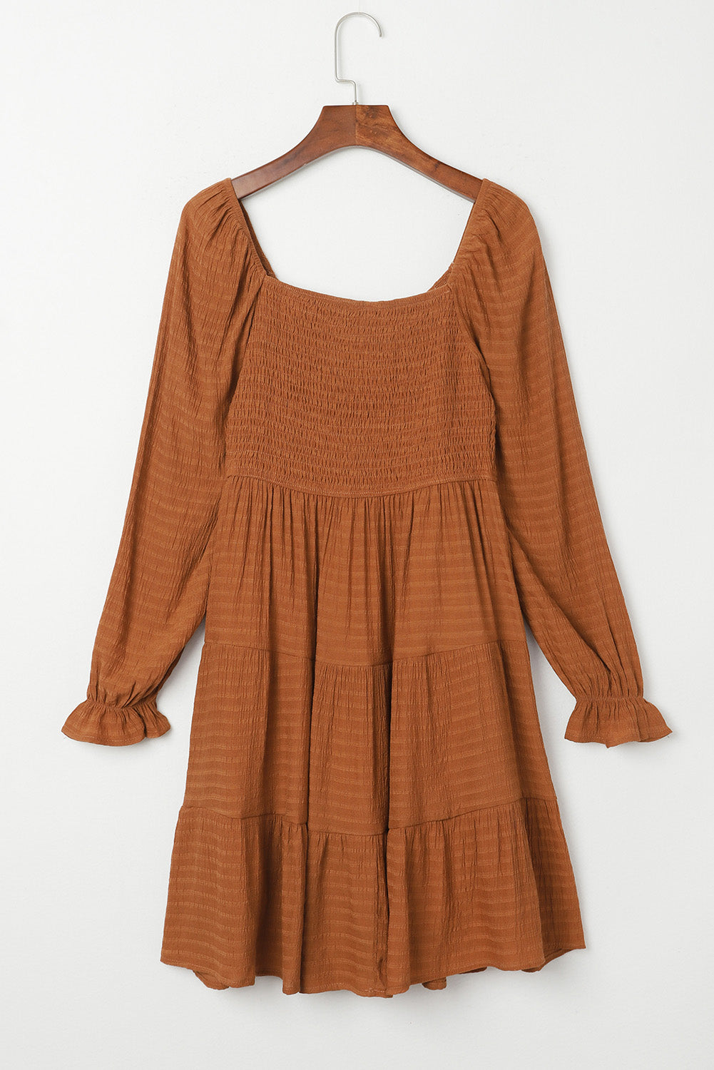 Brown Bishop Sleeve Smocked Tiered Mini Dress