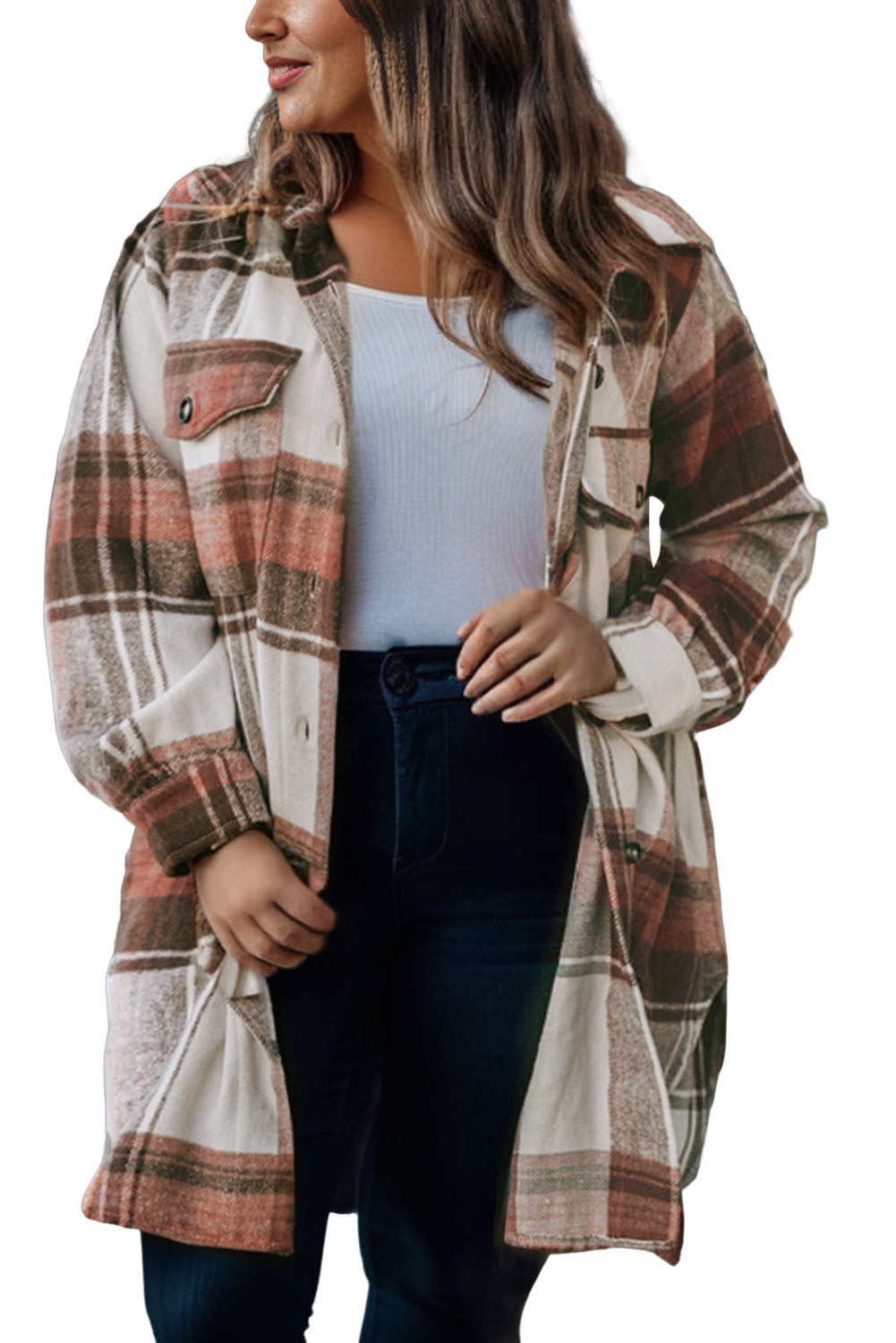 Brown Plus Size Plaid Flap Pockets Shacket