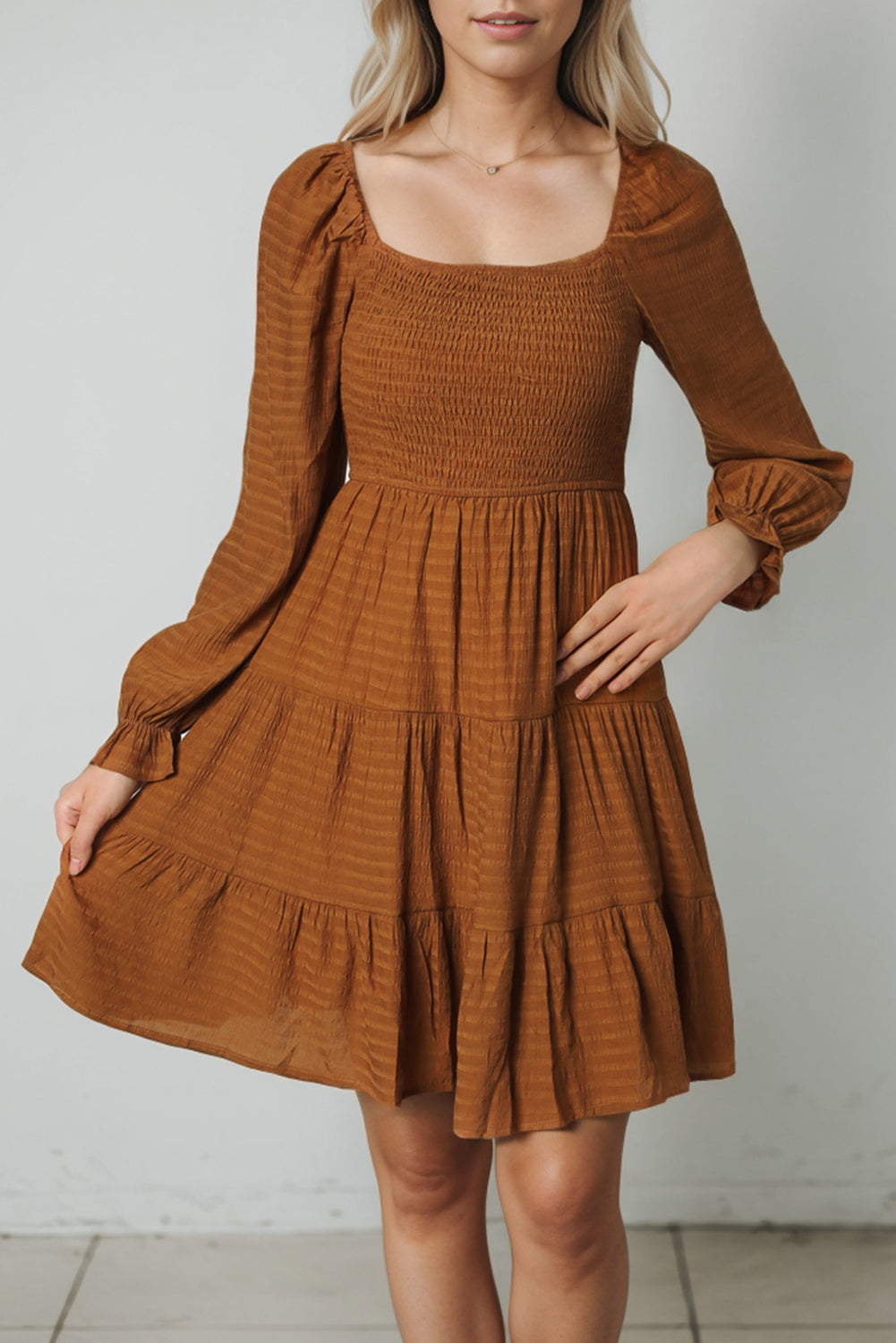 Brown Bishop Sleeve Smocked Tiered Mini Dress