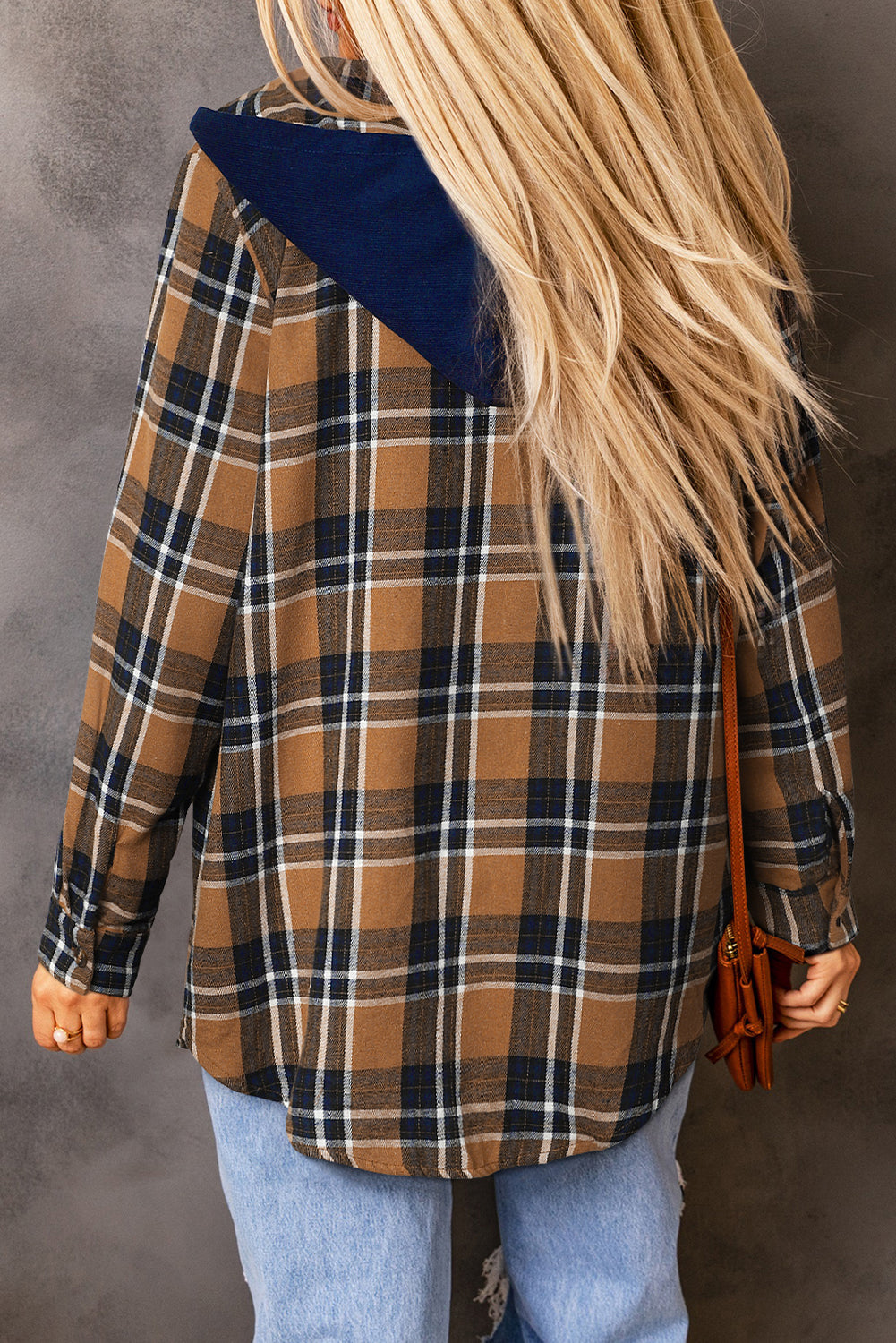 Contrast Hooded Drawstring Plaid Shacket