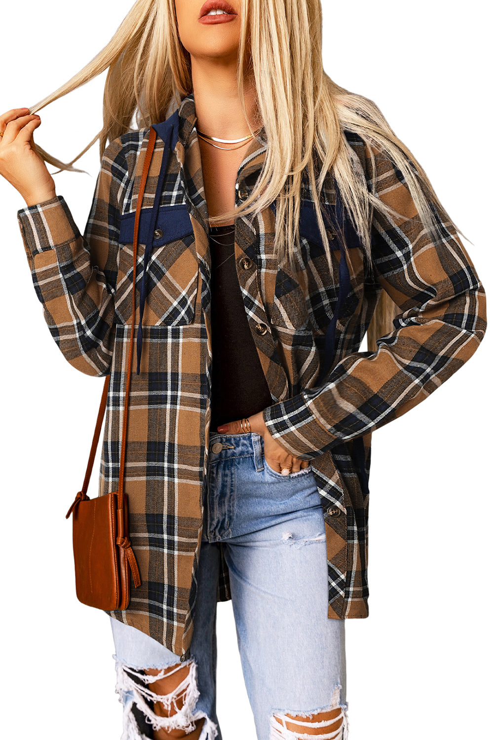 Contrast Hooded Drawstring Plaid Shacket