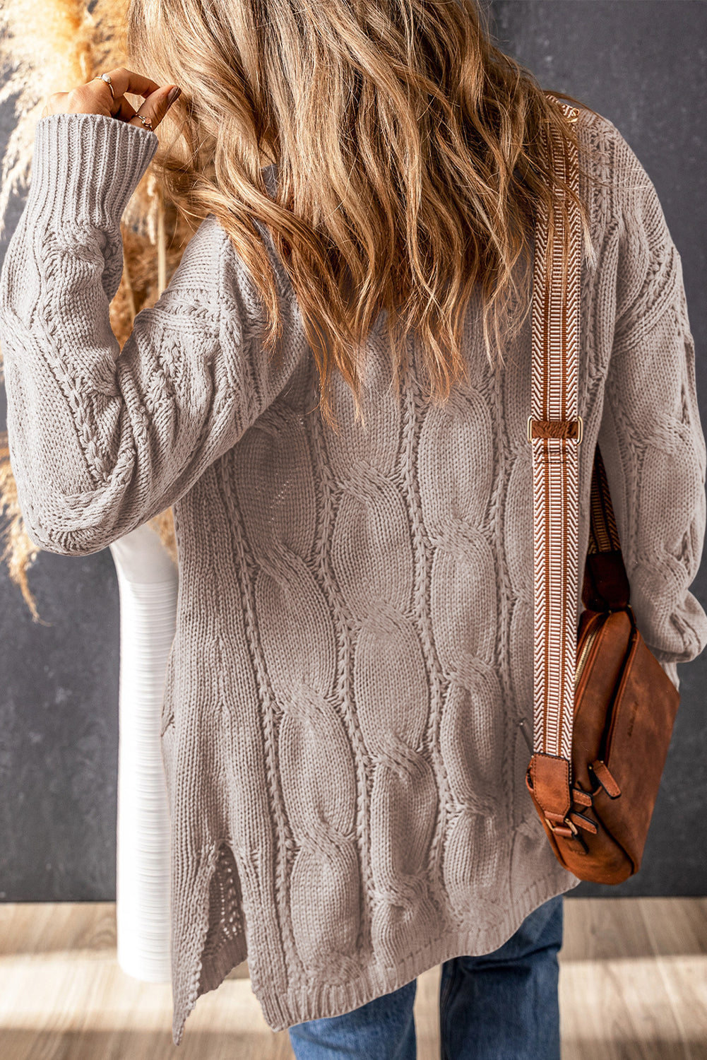 Apricot Ribbed Trim Eyelet Cable Knit Cardigan