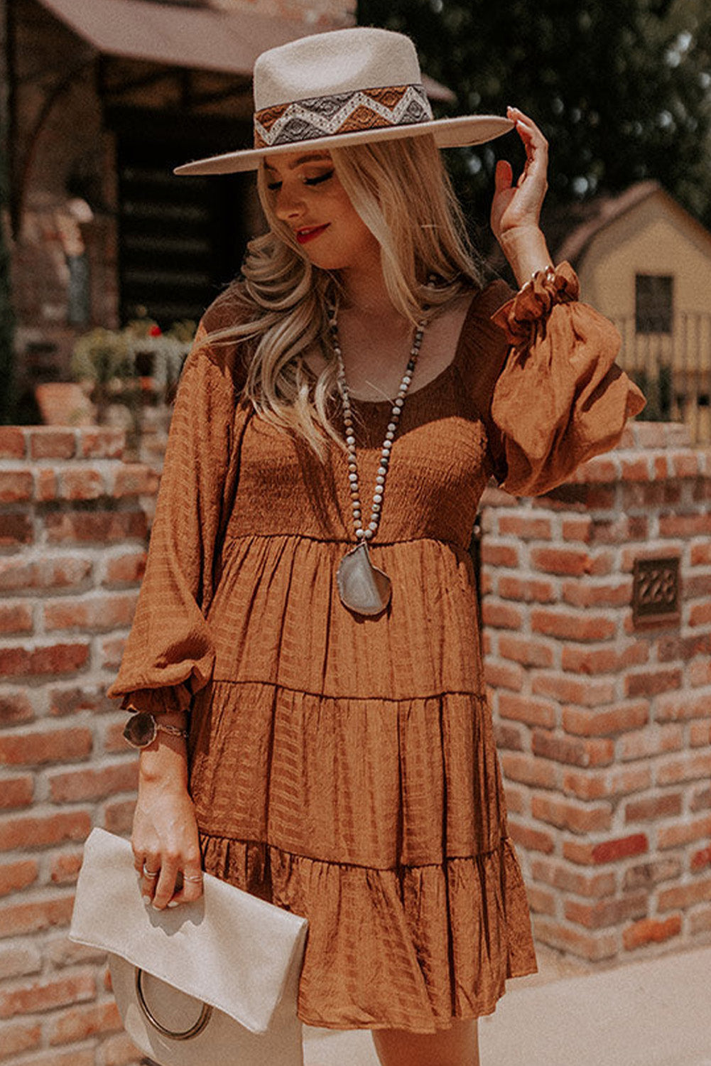 Brown Bishop Sleeve Smocked Tiered Mini Dress