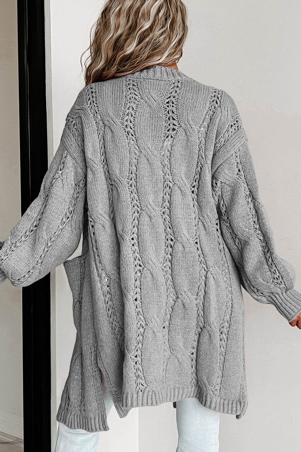 Apricot Ribbed Trim Eyelet Cable Knit Cardigan