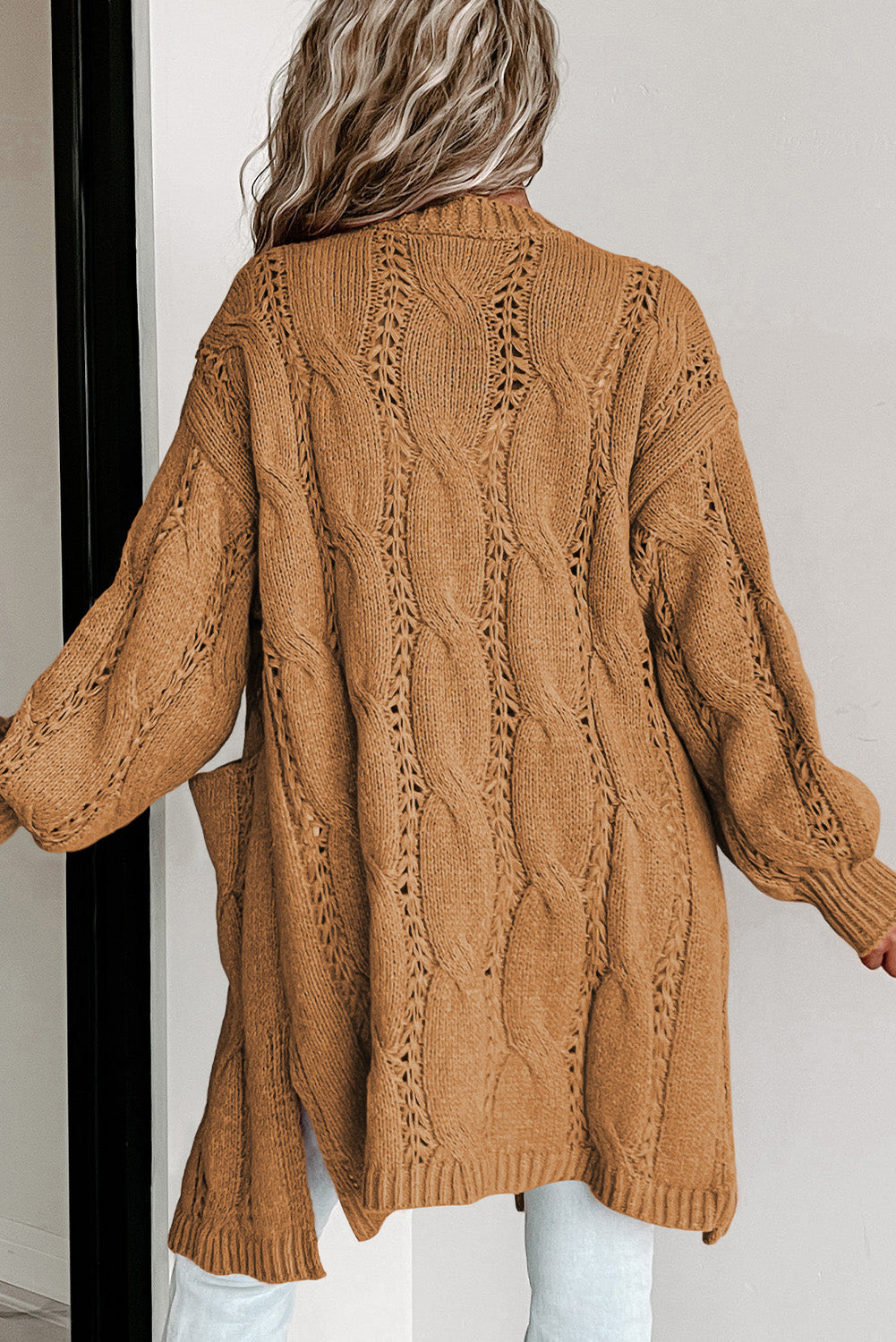 Apricot Ribbed Trim Eyelet Cable Knit Cardigan