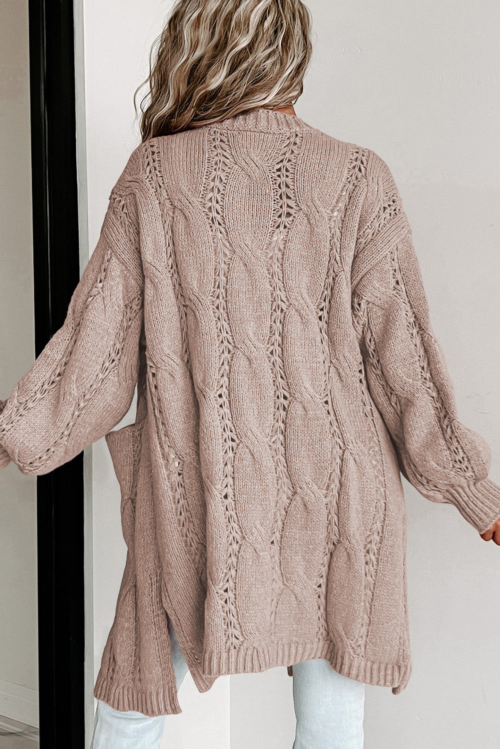 Apricot Ribbed Trim Eyelet Cable Knit Cardigan