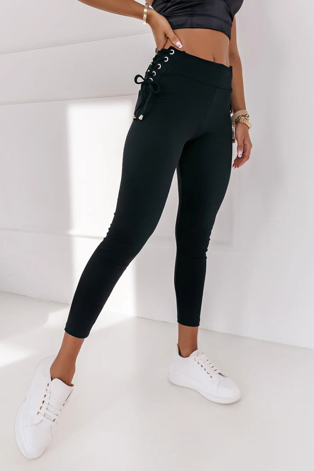 Black Side Lace up Ribbed Leggings