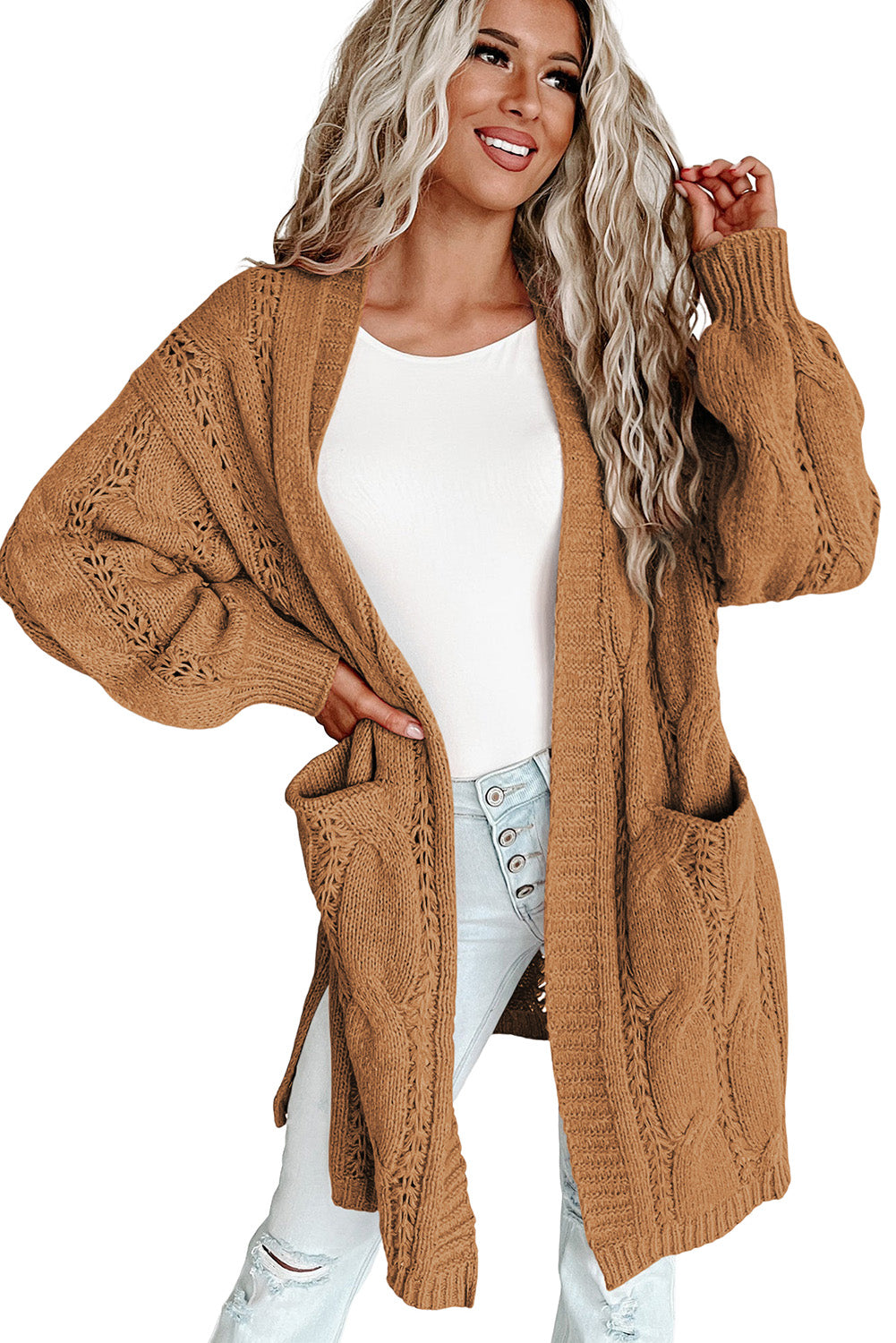 Apricot Ribbed Trim Eyelet Cable Knit Cardigan