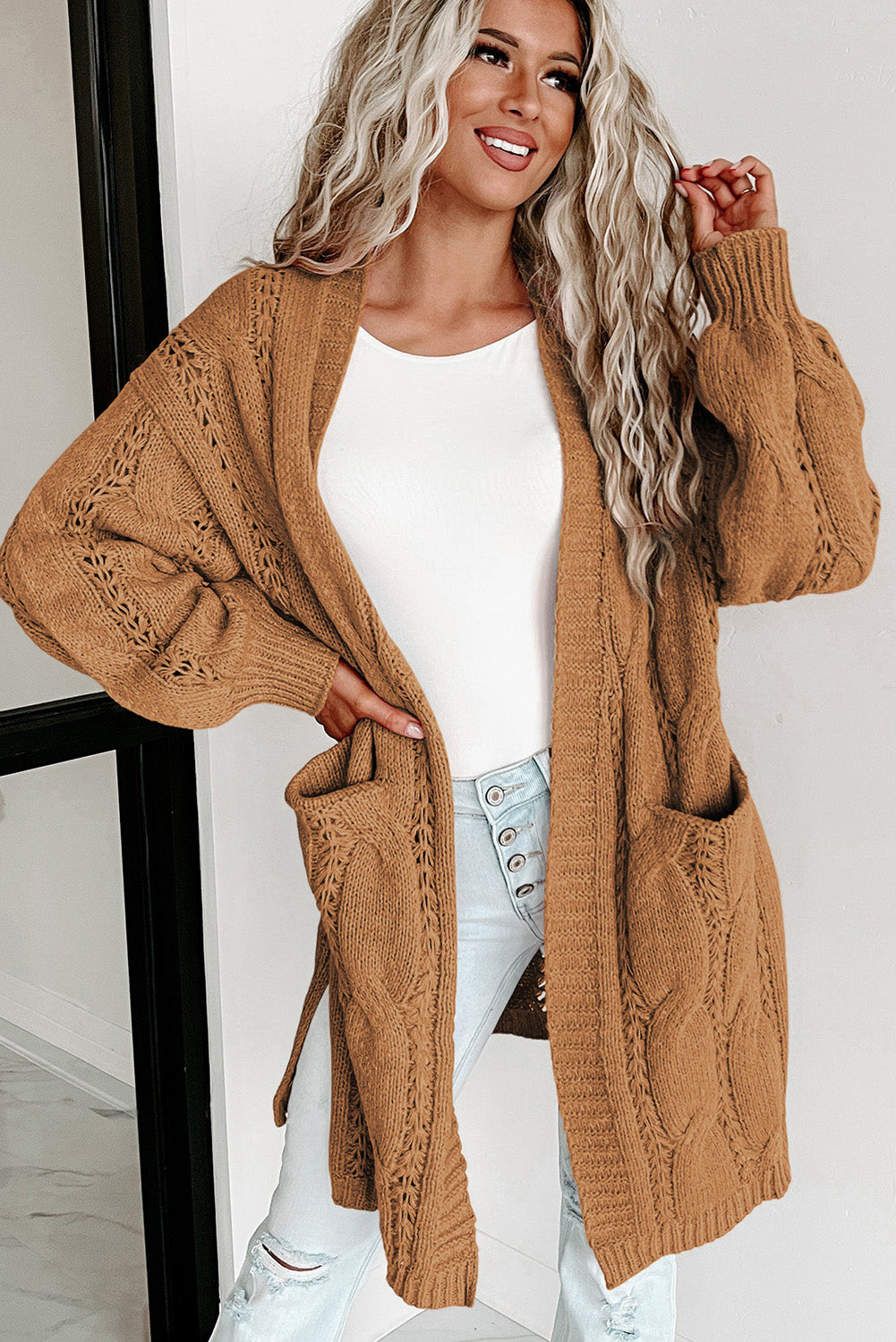 Apricot Ribbed Trim Eyelet Cable Knit Cardigan