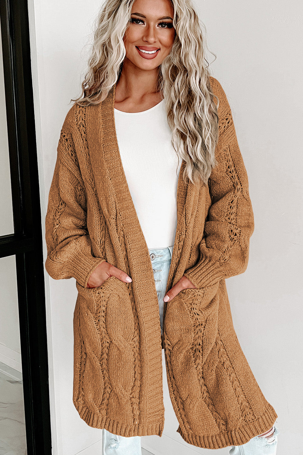 Apricot Ribbed Trim Eyelet Cable Knit Cardigan