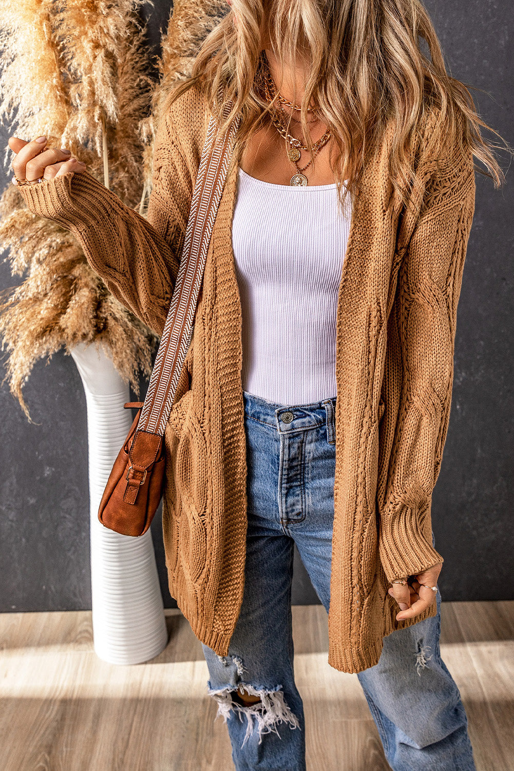 Apricot Ribbed Trim Eyelet Cable Knit Cardigan