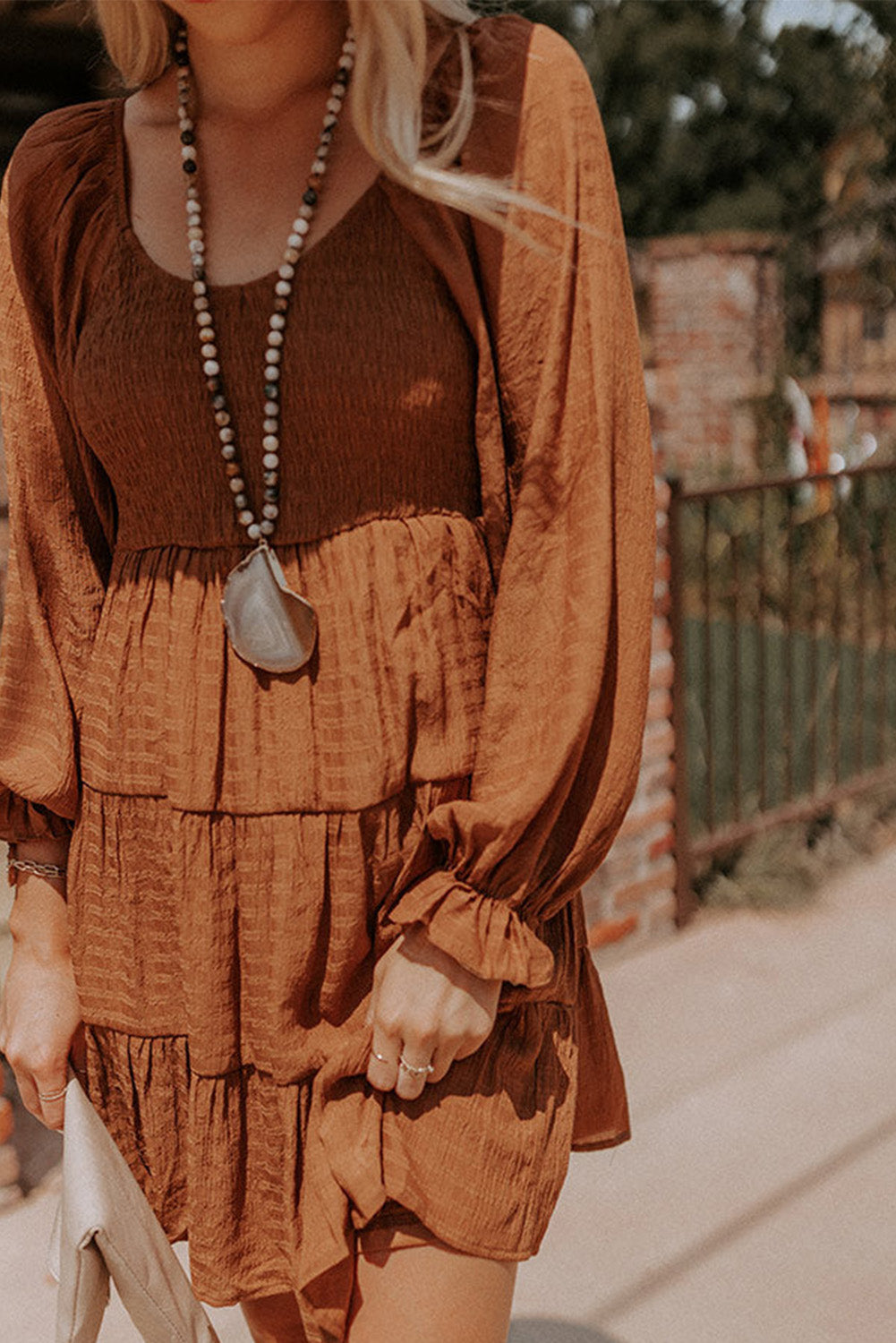 Brown Bishop Sleeve Smocked Tiered Mini Dress