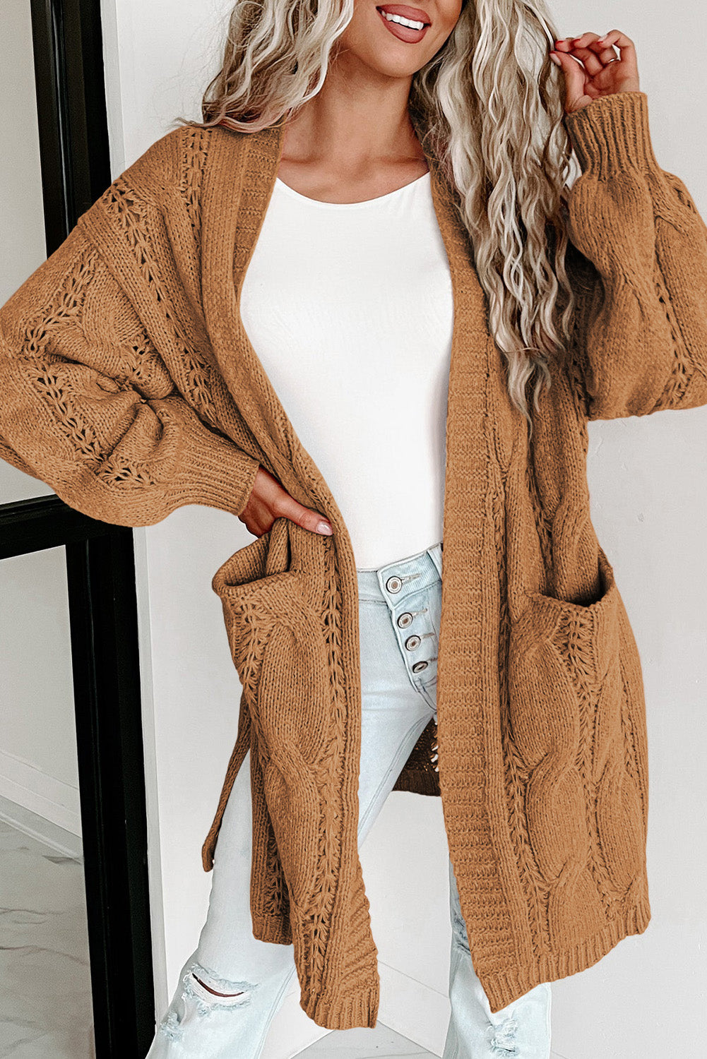 Apricot Ribbed Trim Eyelet Cable Knit Cardigan