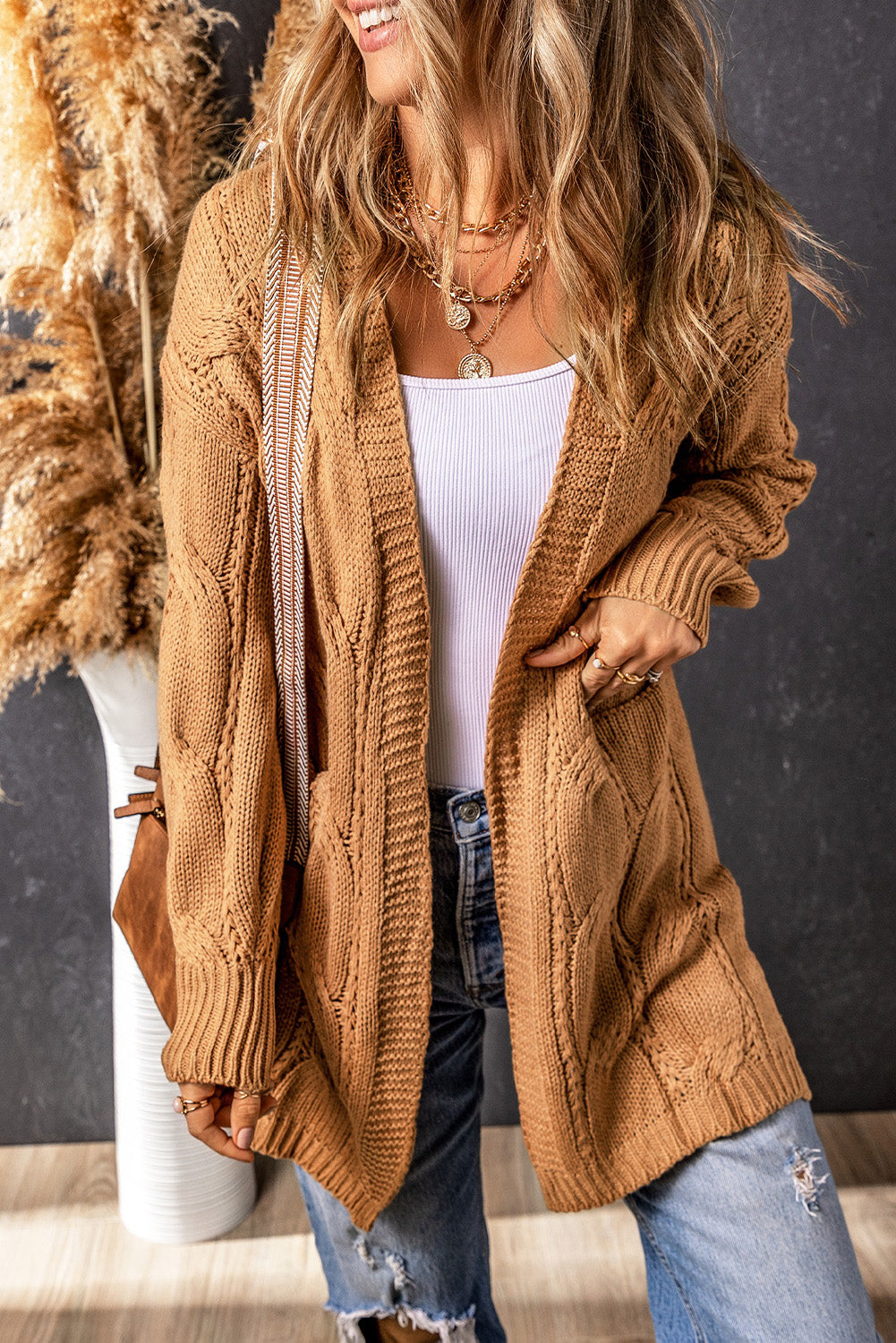 Apricot Ribbed Trim Eyelet Cable Knit Cardigan