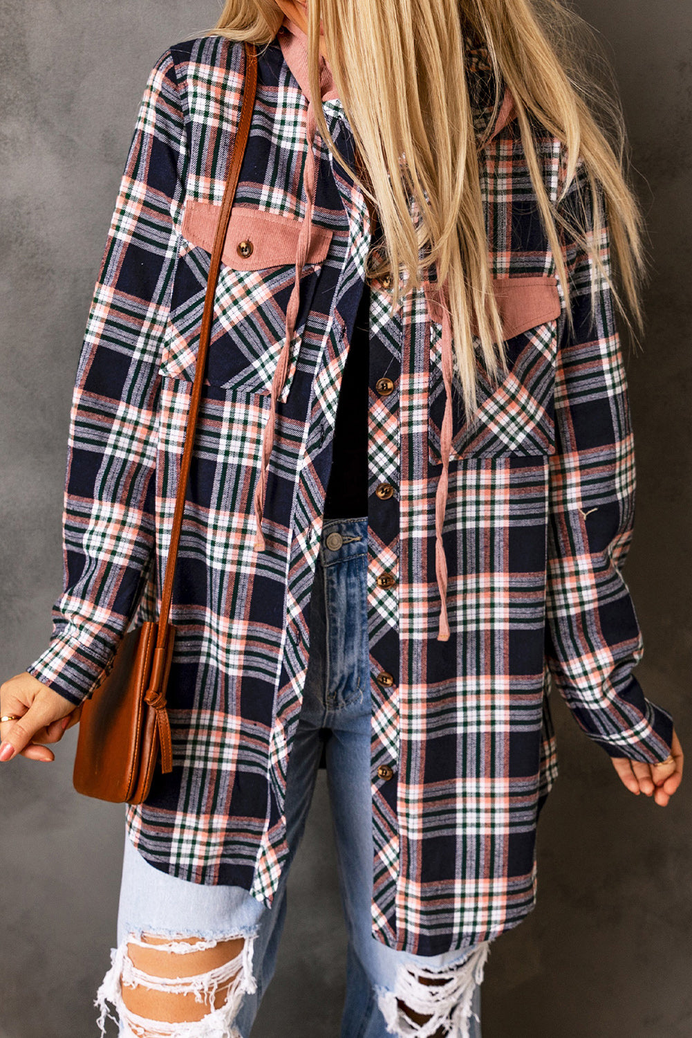 Contrast Hooded Drawstring Plaid Shacket